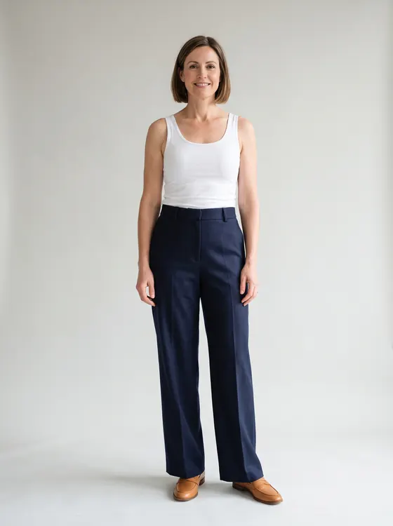 Woman with a blonde bob in navy wide-leg trousers and a white tank top, full length, grey paper backdrop