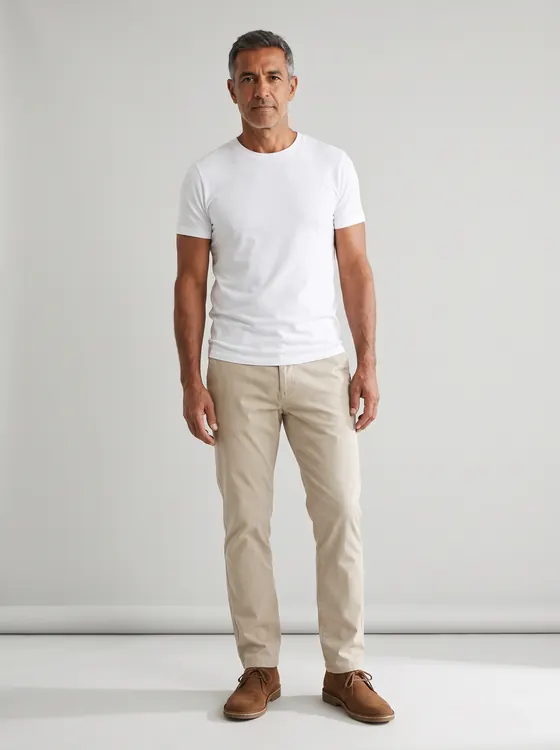 Man with salt-and-pepper hair in beige chinos, a white t-shirt and brown suede boots, full length