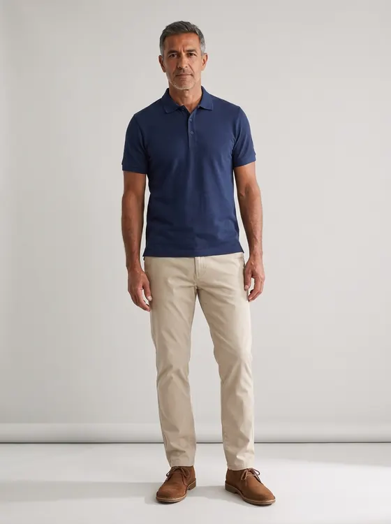 The same man in the same beige chinos and brown boots, now wearing a navy knitted polo shirt
