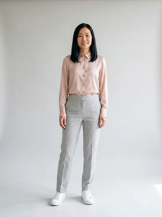 The same woman in the same light grey trousers, now wearing a blush pink silk blouse