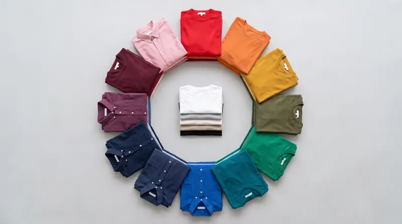 Folded shirts and knits arranged in a circle by color, from red through orange, mustard, olive, green, teal, blue and navy to plum, burgundy and pink, with white, grey, beige and black tees stacked in the middle